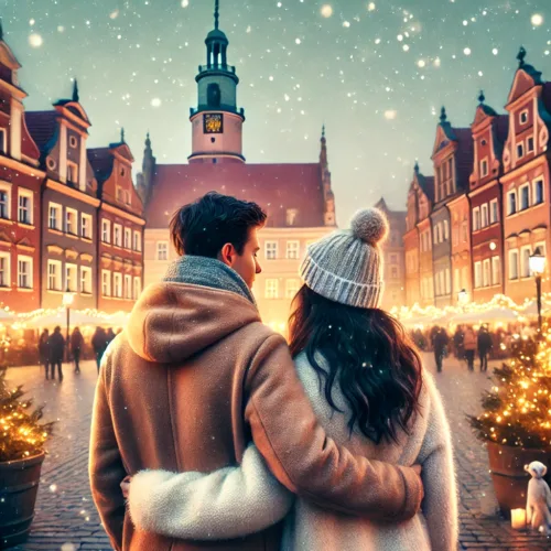 DALL·E 2024-12-24 16.03.45 – A romantic couple viewed from behind, standing in the picturesque Old Market Square of Poznań, Poland. They are wearing cozy winter coats, surrounded