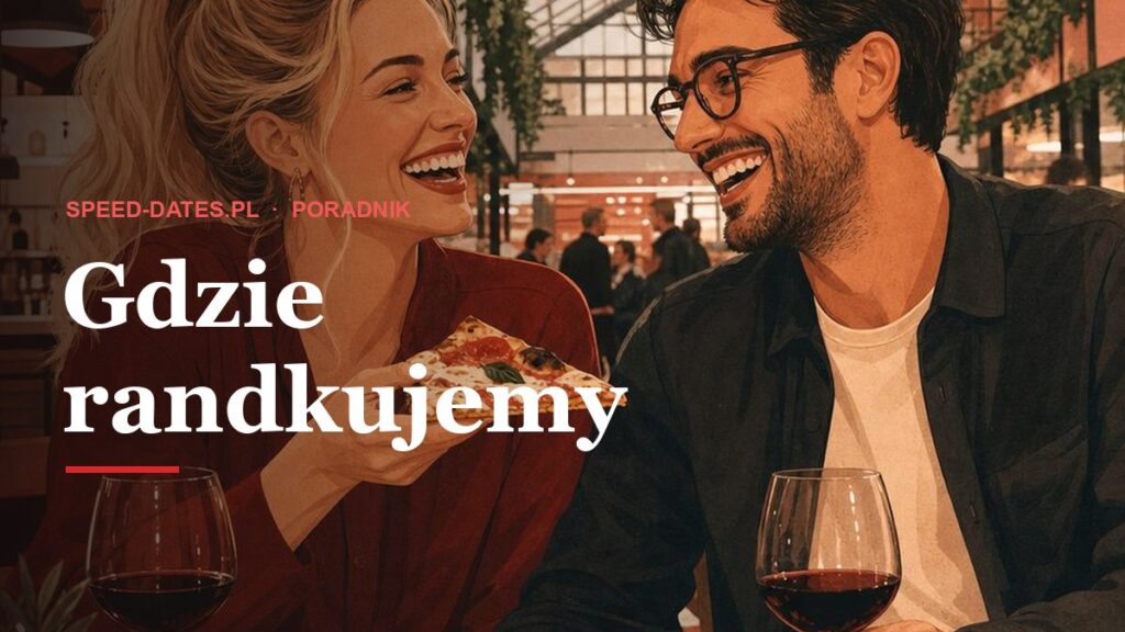 Blondynka z kawałkiem pizzy i mężczyzna w okularach śmieją się w hali z jedzeniem pod szklanym dachem, napis Gdzie randkujemy