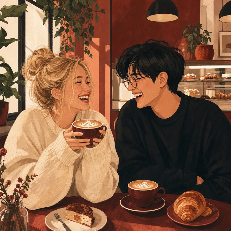Blondynka w kremowym swetrze i mężczyzna w okularach śmieją się przy stoliku w kawiarni, przed nimi kawy z latte art